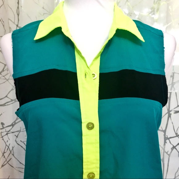 Hurley yellow green black Colorblock collared collar button up tank top shirt - Picture 3 of 8